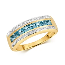 9ct Yellow Gold Princess Blue Topaz and Diamond Band Ring, Sizes J to Q (454)