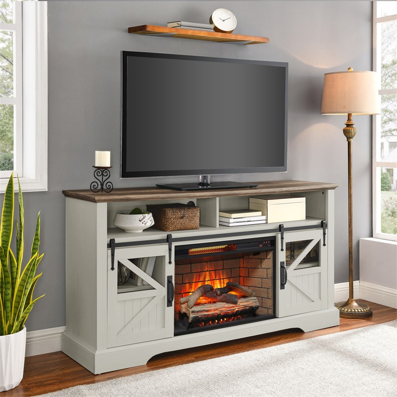 60" Electric Fireplace Entertainment Center w/Door Sensor-Jasmine White Color 