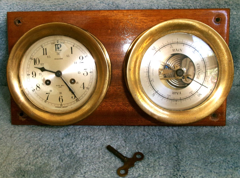 Vintage German Mounted Salem Brass Ship Bells Nautical Clock and Barometer Works