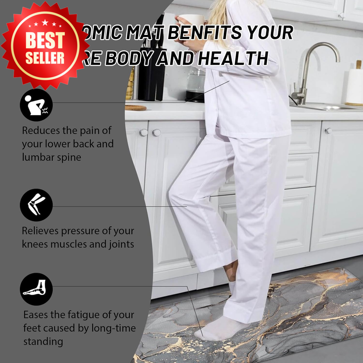 2pc Grey Kitchen Mat Set Anti Fatigue Non-Slip Waterproof Memory Foam Rug