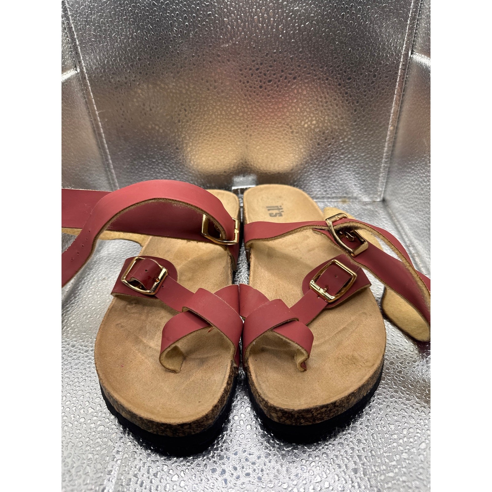 Burgundy Strappy Cork Footbed Comfort Slide Sandals Women's Size 7M