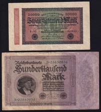 Germany 20000 100000 Mark 1923 Vintage Lot 2 Money Banknote Currency Collection