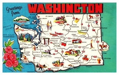 Postcard Map WA - Washington state tourist spot map card