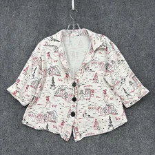 White Lagenlook Boxy Parisian Artsy Blouse Women’s Medium Eiffel Tower