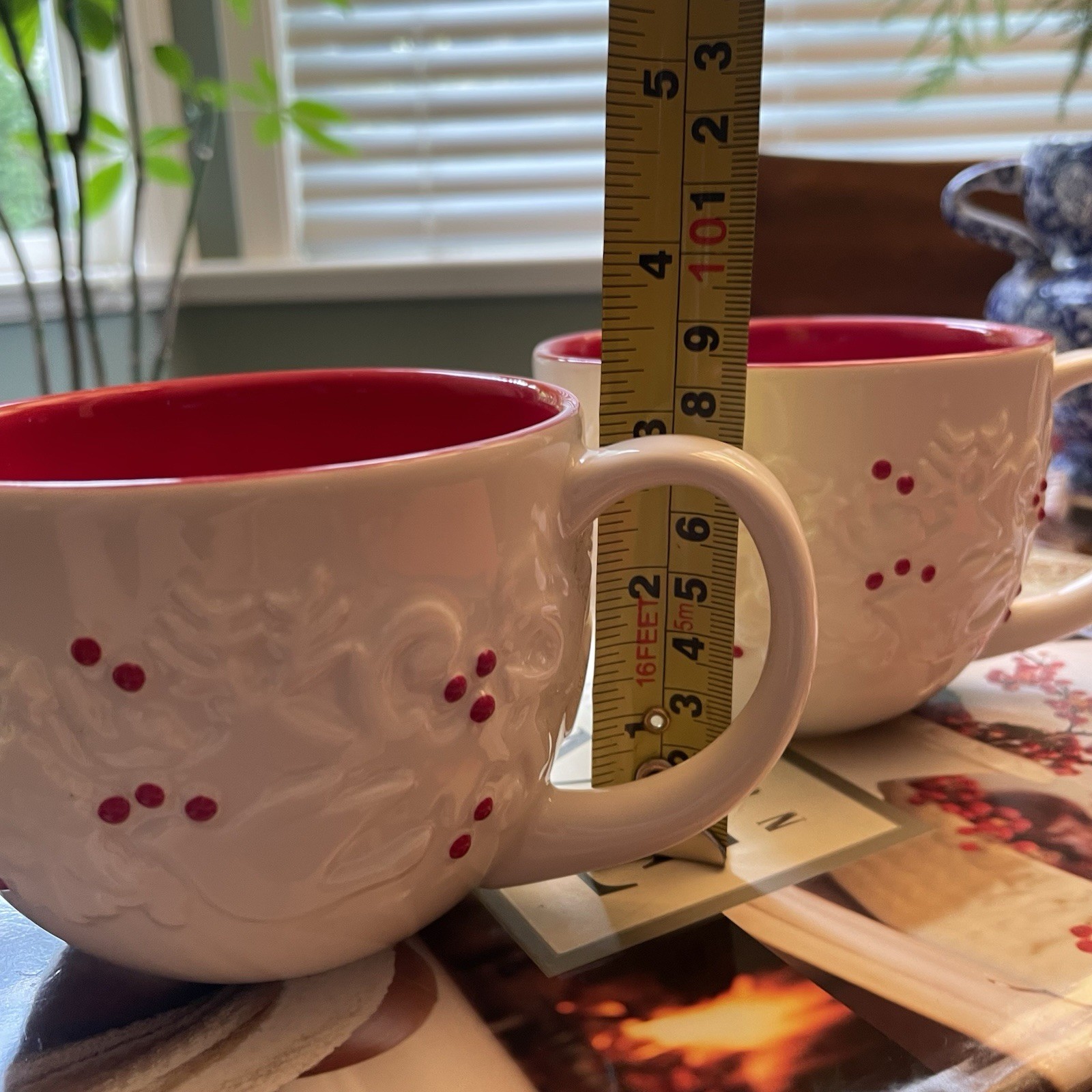 A Set Of 2 Starbucks 2008 Christmas Holiday Holly Berry Bird Embossed Mugs