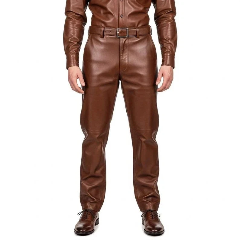Men's Brown Genuine Leather Biker Pants Handmade Outdoor Leather Jeans