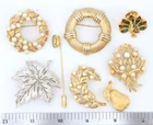 Vintage Crown Trifari Brooch Lot Leaf Flower Fruit Modernist Pearl Gold Silver