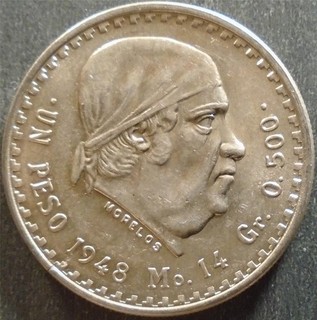 Mexico Silver Un Peso 1948Mo toned