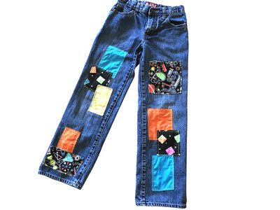 Boy s Patch Jeans Upcycled, Handmade Colorful Science Theme Patchwork Size 10