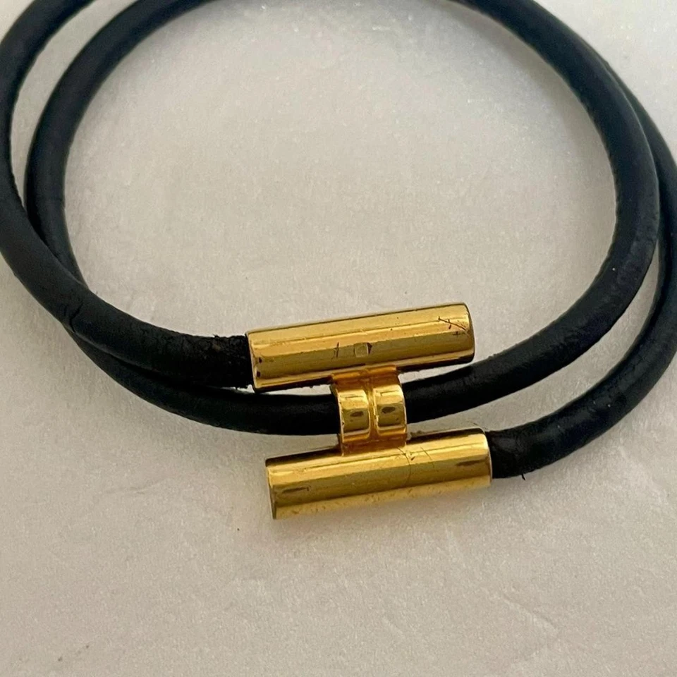 [Occasion] Bracelet HERMES Tournis Cuir Noir Or Quincaillerie Vintage = Du JAPON - Photo 2/4