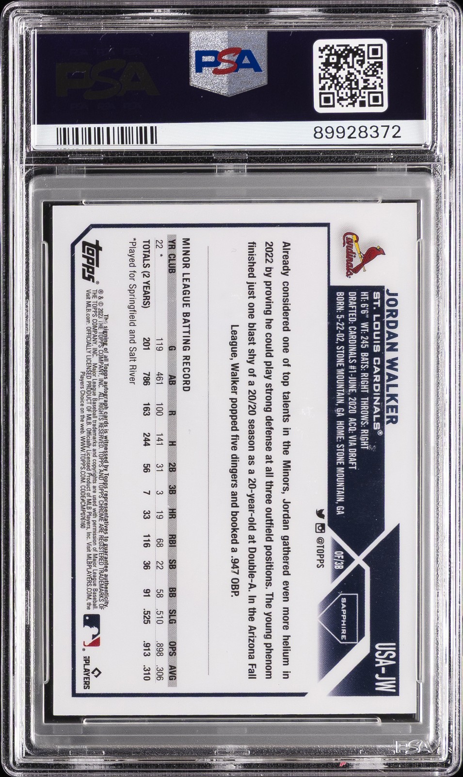 2023 TOPPS CHROME UPDATE SAPPHIRE EDITION AUTO GREEN JORDAN WALKER 32/99 PSA 9 view 2