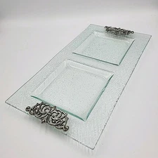 Decorative Glass 2 Section Server / Pillar Holder w/ Silver Accents