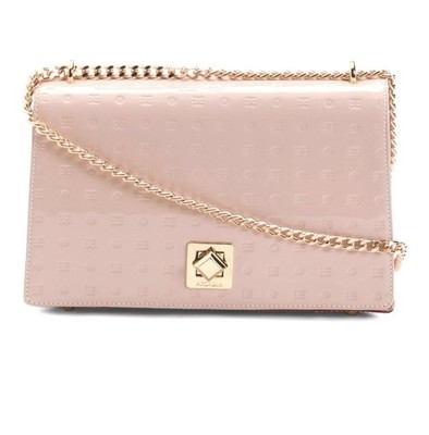 Arcadia Italian Cipria Pink Patent Embossed Satchel Chain Strap Red Accents NWT