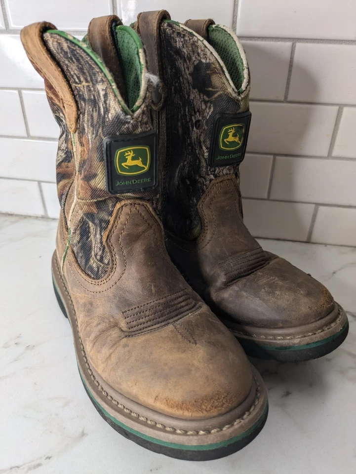 John Deere Camo Cowboy Boots JD2188 Child's Youth Kids 1M Leather - Image 3 of 4