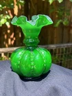vintage Fenton Art Glass "Beaded Melon" vase, Ivy Green overlay  1940s or 1950s