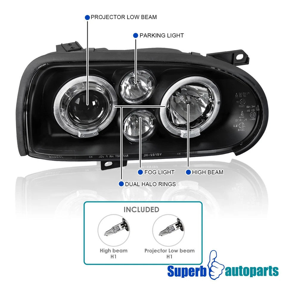 Fits 1993-1998 Volkswagen Golf MK3 Dual Halo Projector Headlights Black Lamps - Imagem 3 de 4
