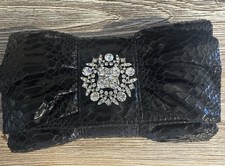 IMAN Ruffle Clutch Black Purse With Shoulder Strap And Rhinestone Snap Closure