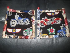 Blue and Red Motorcycles...Star Backing Handmade Kitchen Potholder Set of 2