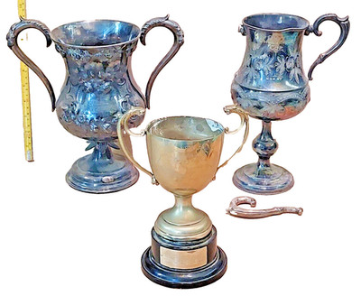 3 Pokale - Argus/Harriers 1894, KNRF Fraserburgh Pigeon Racing, grauer Pokal Vintage