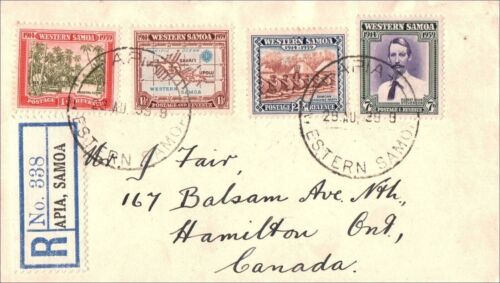 1939 Apia Registered Western Samoa FDC 25th Years New Zealand Control to Canada - Picture 1 of 3