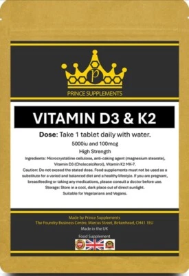 PRINCE SUPPLEMENTS VITAMIN D3 5000iu K2 MK7 100 mcg HIGH STRENGTH TABLETS BONE, IMMUNE SUPPORT