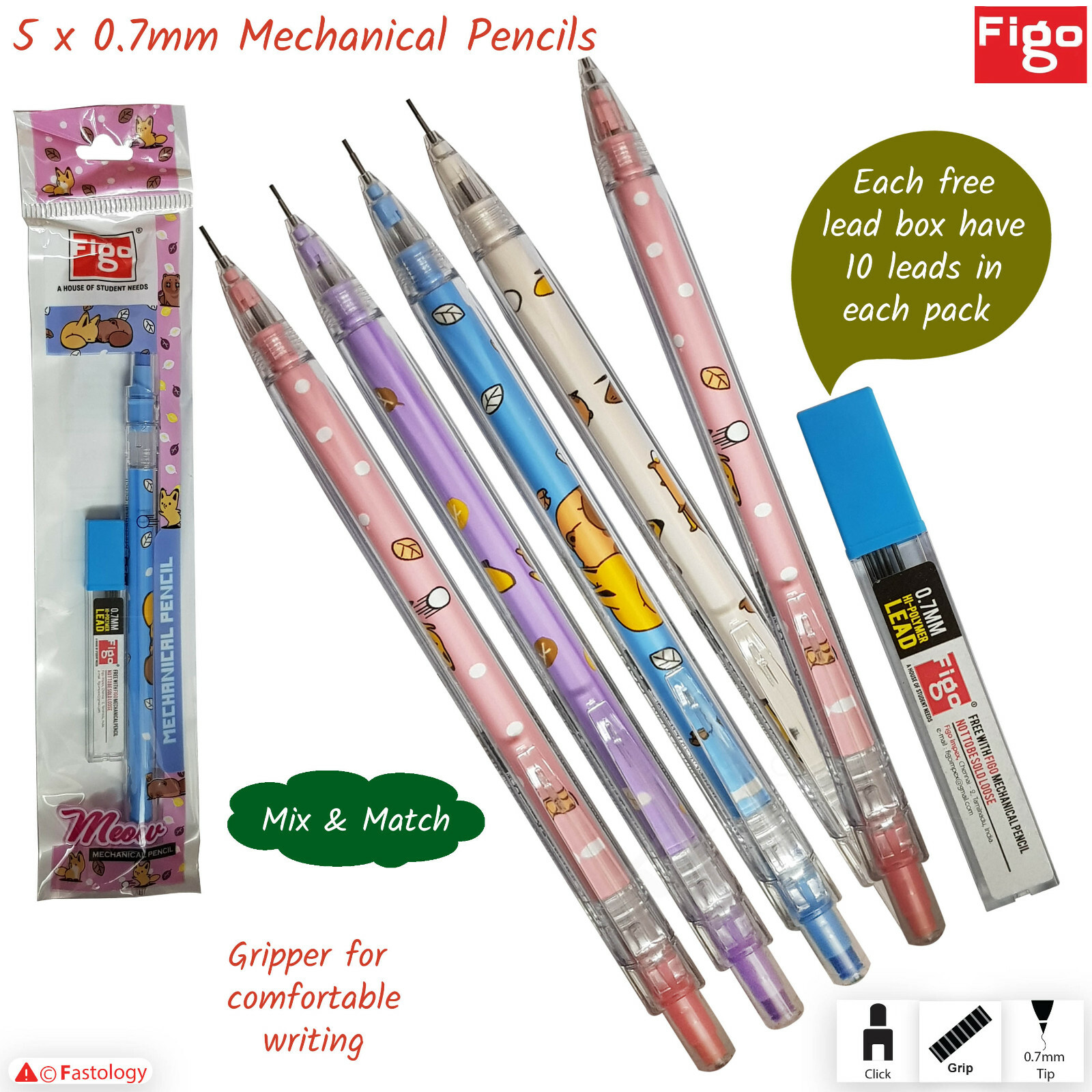 MECHANICAL PENCILS 0.7mm Lead FIGO Meow Propelling Pencil Rubber Tip