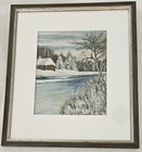 Watercolor Art of Wintery River and Landscape Signed By Artist Potter. Vintage  — photo 1