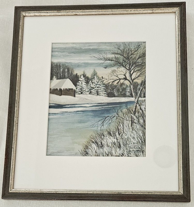 Watercolor Art of Wintery River and Landscape Signed By Artist Potter. Vintage 