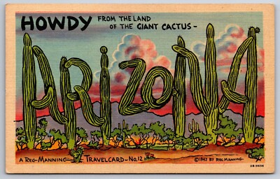 Large Letter Giant Cactus Spells ARIZONA~Howdy~Reg Manning Travelcard~Linen  | eBay