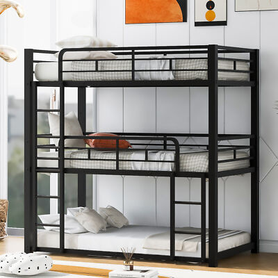 Metal Twin Size Triple Bunk Bed for Kids with Ladder Guardrails