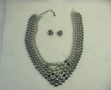 Vtg Necklace ER  5 Strands Gray Glass Beads AB Carnival Beads  17" - 22"  JAPAN