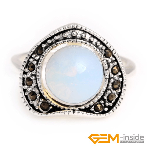 Natural Gemstone Charms Rings Jewelry Tibetan Silver Marcasite Women Gift 6#-8# - Picture 4 of 43