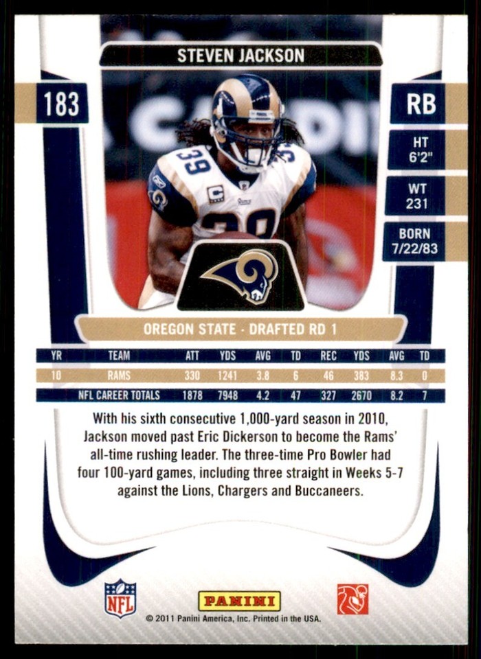2011 Panini Prestige Steven Jackson St. Louis Rams #183 NFL Football ...