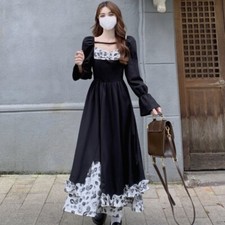 Women sweet square neck floral long sleeve dress princess high waist dress