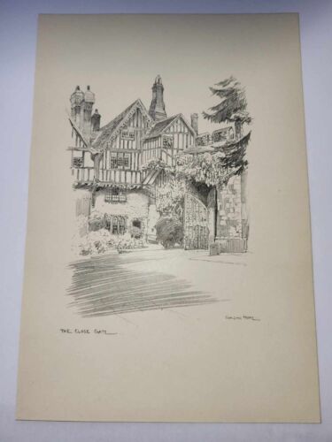 Antique Pencil Drawing Print 1916 Winchester Sketch The Close Gate - Picture 1 of 1