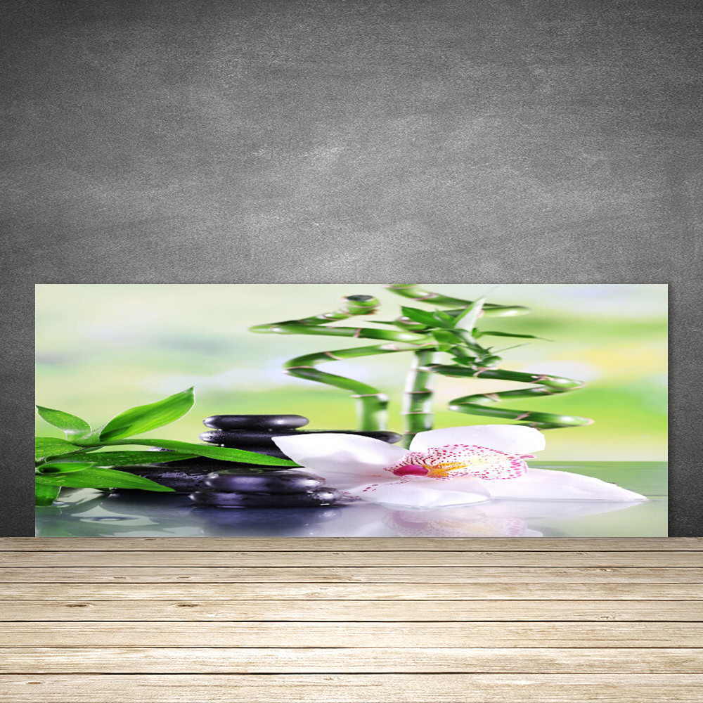 Crédence de cuisine en verre panneau 125x50 bambou pierres fleurs naturel