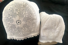 antique pair crocheted child's bonnets sm large, lovely pattern, tiny stitches 