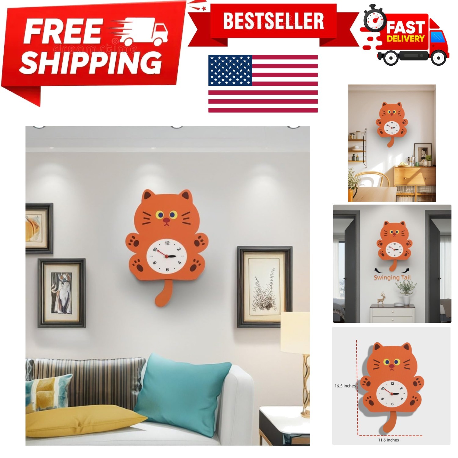 Cute Cat Shaped Wall Clock, Decorative Pendulum Clock for Ki