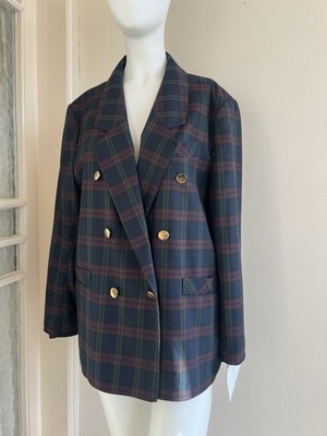 Vintage OPUS Zweireiher Tartan Karo Blazer Goldknöpfe 18 Navy Burgund