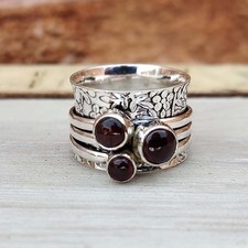 Solid 925 Sterling Silver Garnet Spinner Ring Handmade Boho Meditation Wide Band