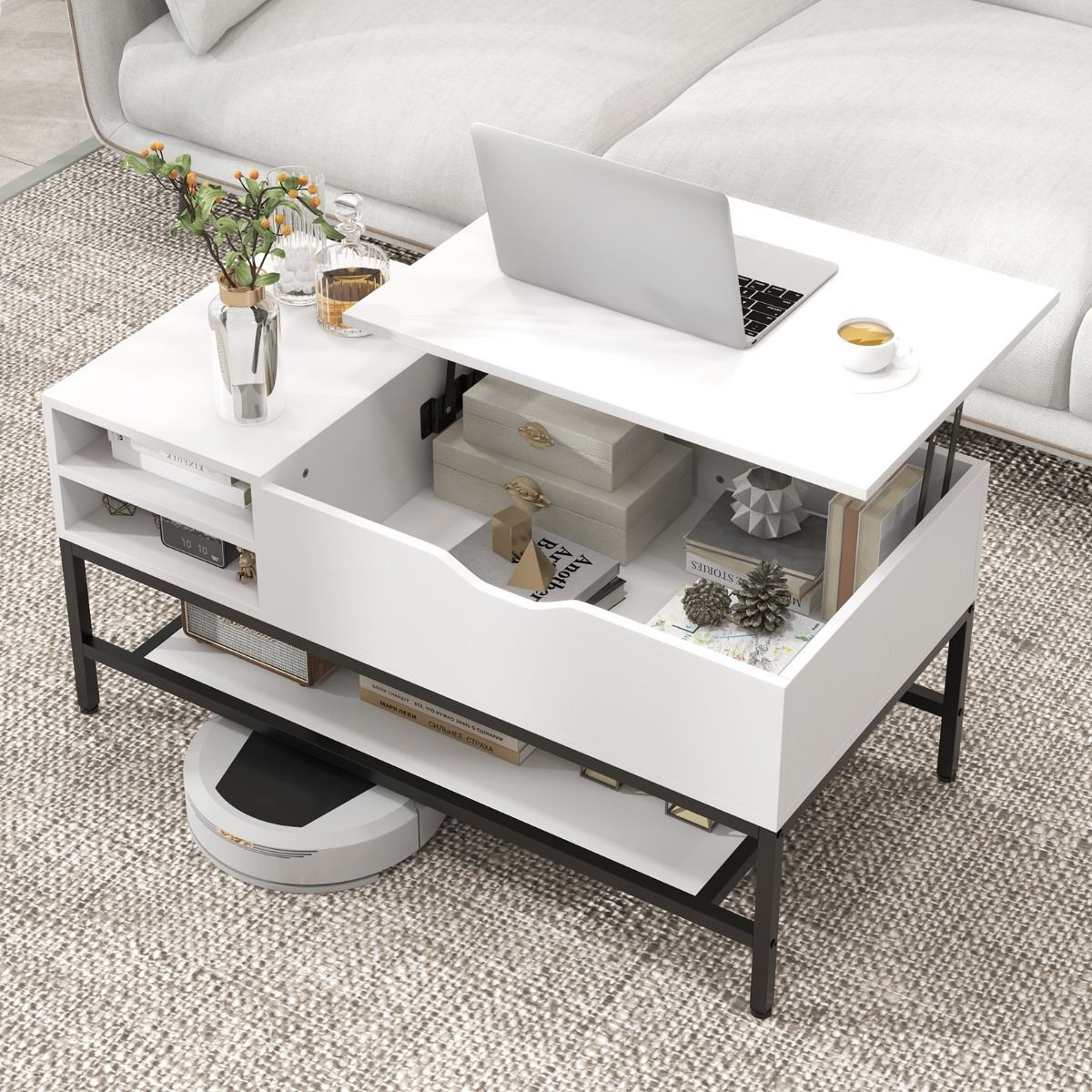 Table basse relevable a etagere amovible pour optimiser le rangement