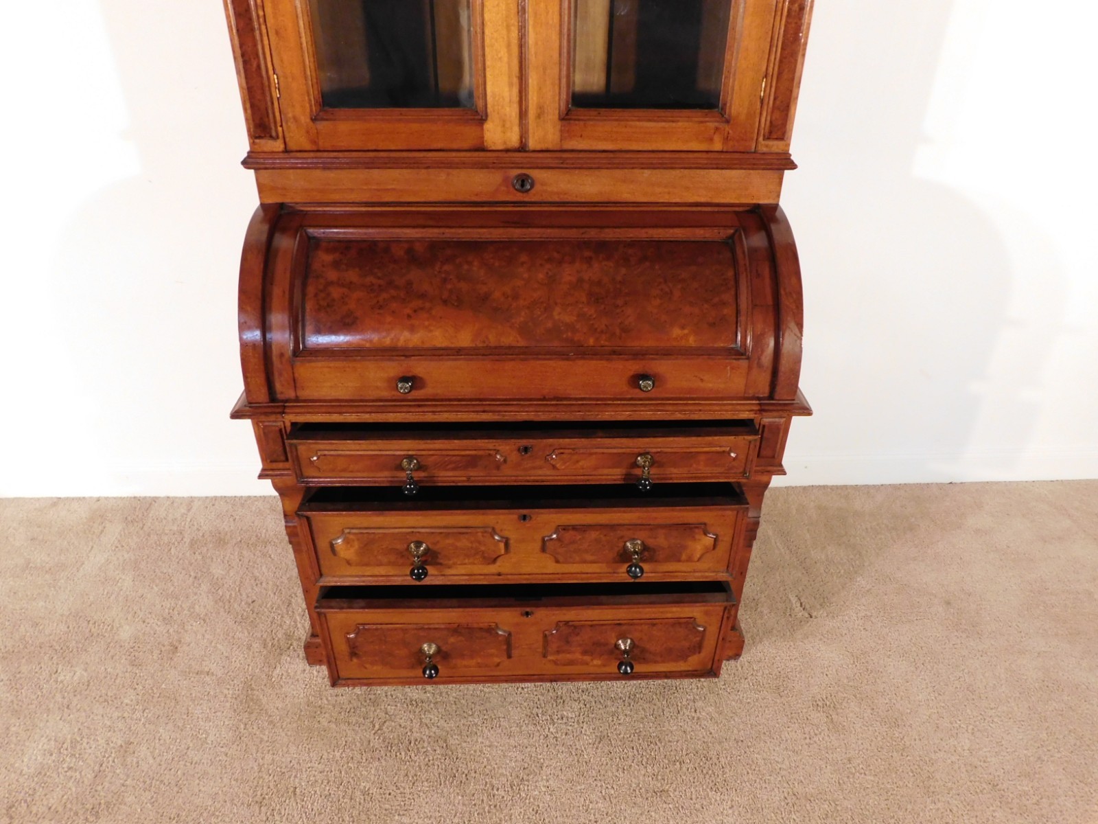 ANTIQUE 1880s Victorian Eastlake Burled Walnut Cylinder Secretary Bookcase Desk