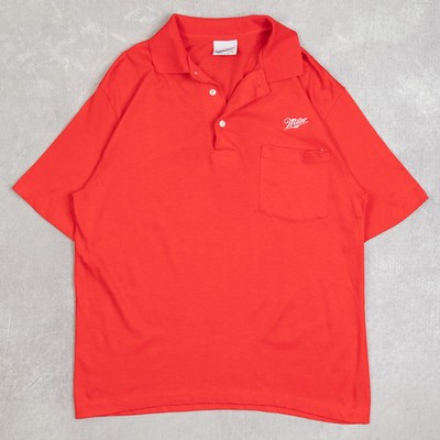 Vintage Miller Single Stitch Polo T-Shirt Medium Herren 1980er USA Made Red Beer
