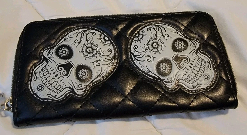 Cartera Larga Negra con Calaveras de Azúcar Flor 12 Tarjeteros con Monedero 8x4 Foto 2 de 4