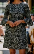 Tommy Hilfiger Navy Floral Knit Short Dress Sz 2 Long Bell-Sleeve Forest Fairy 