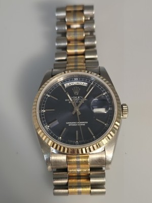 Rolex President Day-Date 18239 Tridor 18K 36MM Auto Blue Dial Watch. Box/Books 