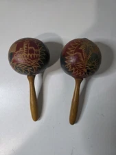 Vintage Hand Painted & Etched Decorated CUBA Cuban Percussion Maracas