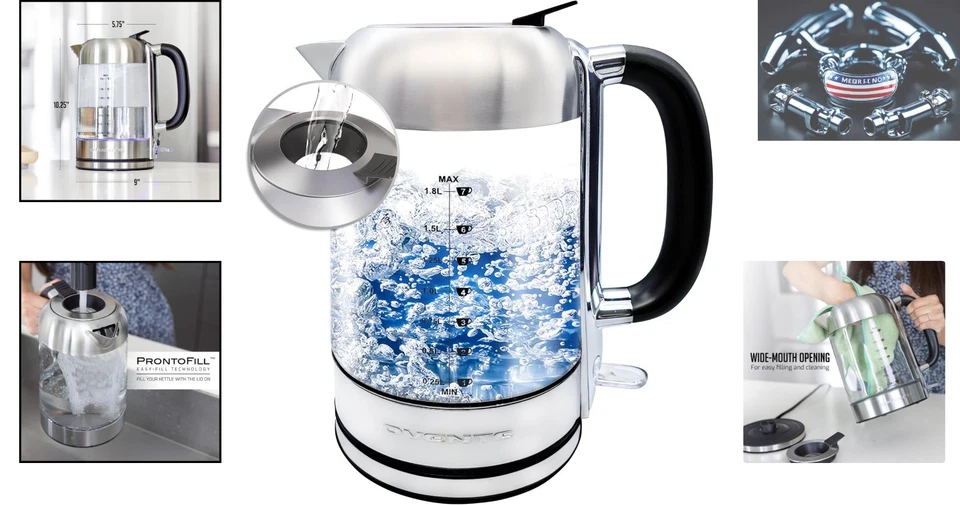 Elegante hervidor eléctrico plateado con vidrio de borosilicato de 1,8 L y apagado automático Foto 2 de 4