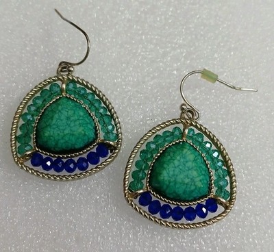 80's Geometric Fashion Earrings Pierced Dangle Hooks Green Blue