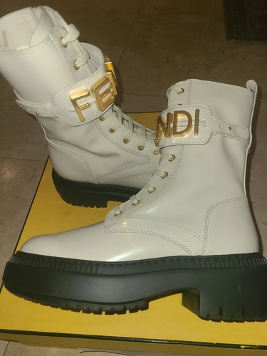 Fendi Boots Size 40, White Biker Calf Leather Boots W Gold Fendi Logo Buckle NEW - Picture 6 of 24